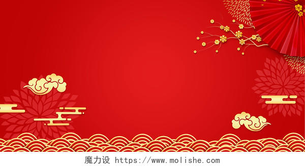 红色渐变中国风祥云金色祥云线条质感展板背景
